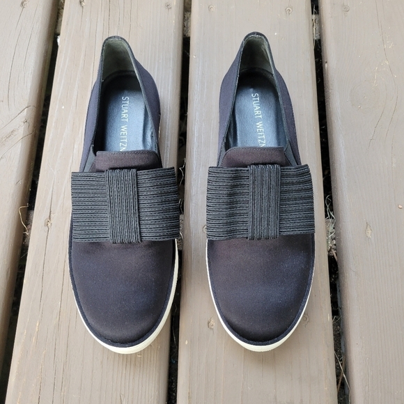 Stuart Weitzman Black Satin Bowgal Bow Slip-on Platform Sneakers Woman's 9.5 - Picture 5 of 9